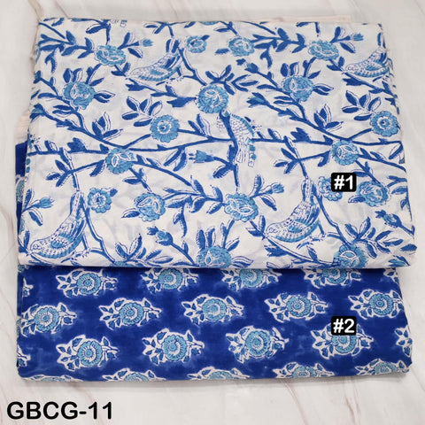 Block-Printed Floral Cotton Fabric, Women Summer Dress, Sleepwear Kids Pajamas Sewing Material by the Yard, White and Blue