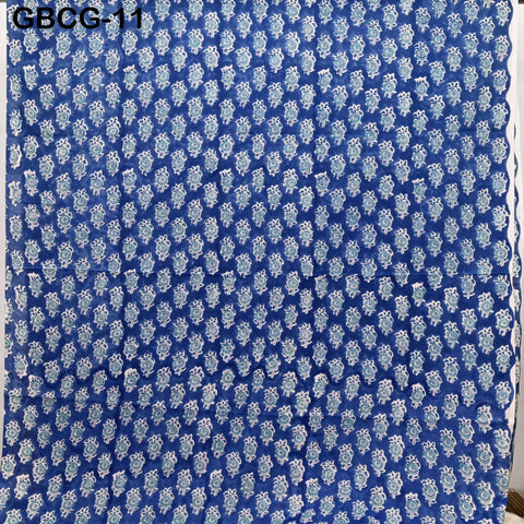 Block-Printed Floral Cotton Fabric, Women Summer Dress, Sleepwear Kids Pajamas Sewing Material by the Yard, White and Blue