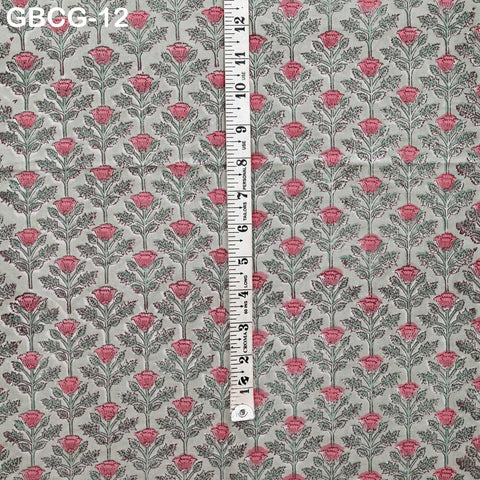 Block Printed Floral Cotton Fabric, Summer Dress, Sleepwear Pajamas Sewing Material by the Yard, Coral Red Yellow and Pale Green