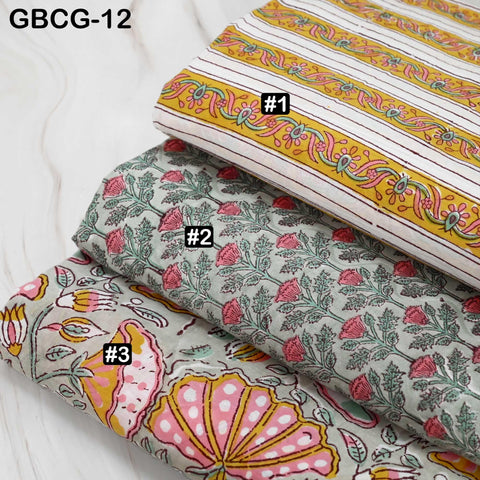 Block Printed Floral Cotton Fabric, Summer Dress, Sleepwear Pajamas Sewing Material by the Yard, Coral Red Yellow and Pale Green