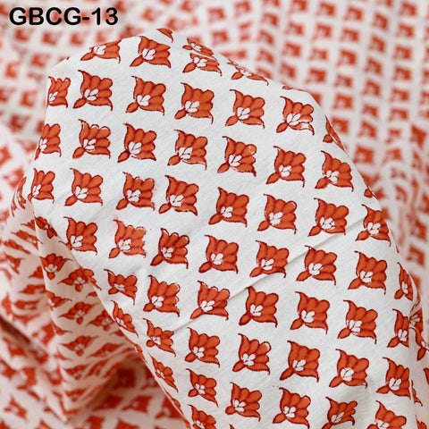 Block Printed Floral Cotton Fabric, Summer Dress, Sleepwear Pajamas Sewing Material by the Yard, Orange and white
