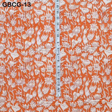 Block Printed Floral Cotton Fabric, Summer Dress, Sleepwear Pajamas Sewing Material by the Yard, Orange and white