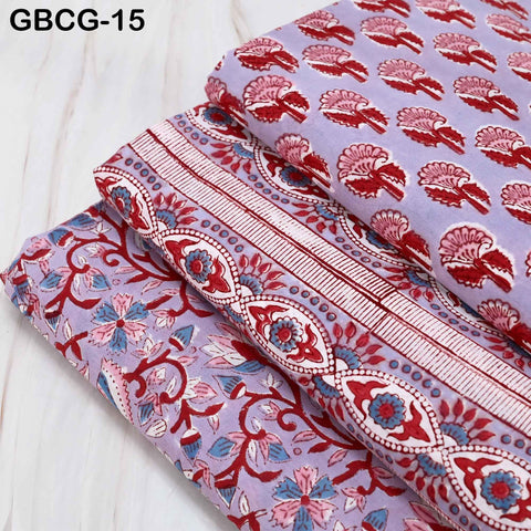Block-Printed Floral Cotton Fabric, Red, Lavender, White, Summer Dress Sewing Material