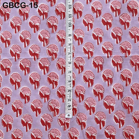 Block-Printed Floral Cotton Fabric, Red, Lavender, White, Summer Dress Sewing Material