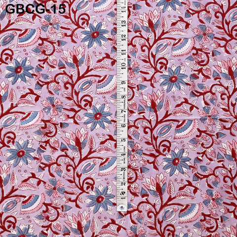 Block-Printed Floral Cotton Fabric, Red, Lavender, White, Summer Dress Sewing Material