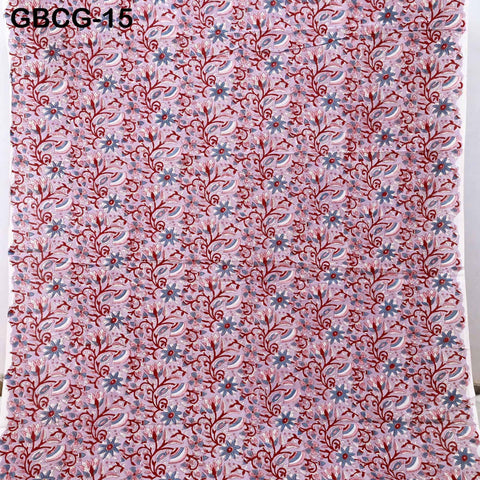 Block-Printed Floral Cotton Fabric, Red, Lavender, White, Summer Dress Sewing Material