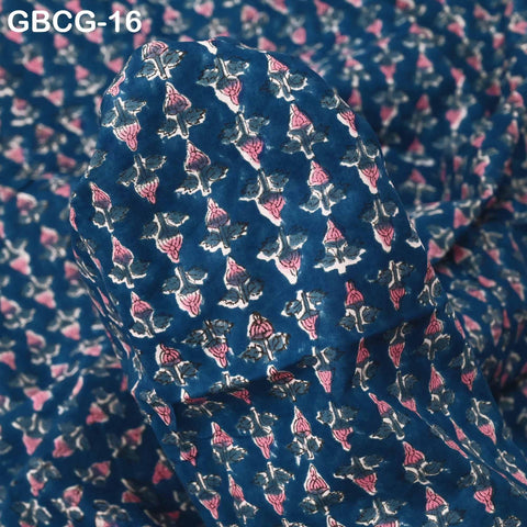 Block-Printed Floral Cotton Fabric, Women's Summer Dress, Sleepwear, Kids Pajamas Sewing Material by the Yard, Pink and Blue