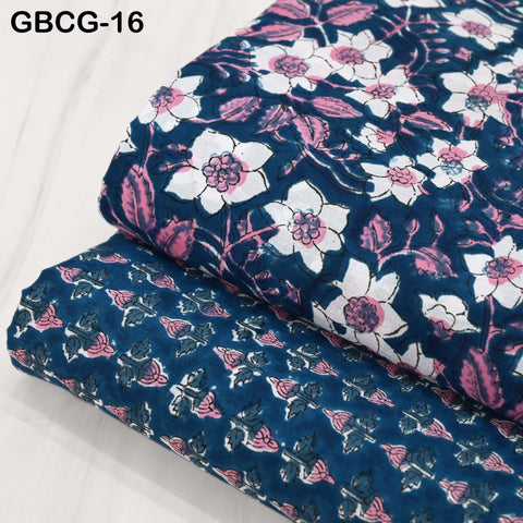 Block-Printed Floral Cotton Fabric, Women's Summer Dress, Sleepwear, Kids Pajamas Sewing Material by the Yard, Pink and Blue