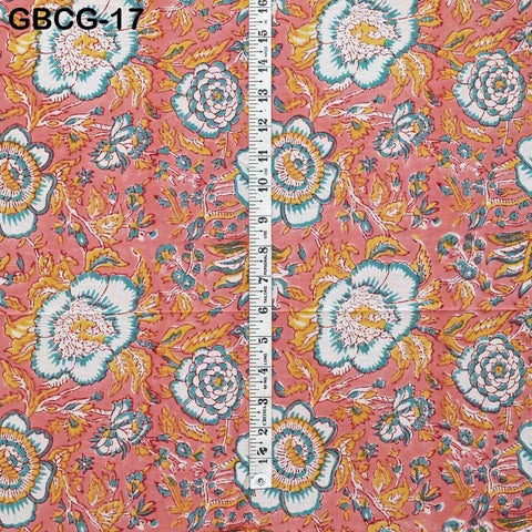 Block Printed Floral Cotton Fabric, Peach, Yellow, Green, Summer Apparel Sewing Material