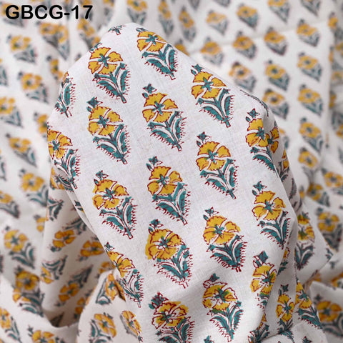 Block Printed Floral Cotton Fabric, Peach, Yellow, Green, Summer Apparel Sewing Material