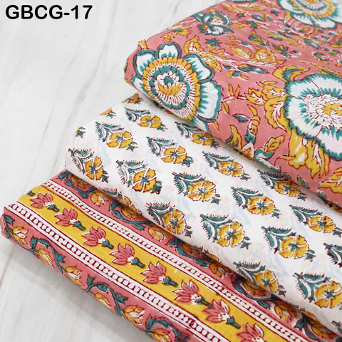Block Printed Floral Cotton Fabric, Peach, Yellow, Green, Summer Apparel Sewing Material