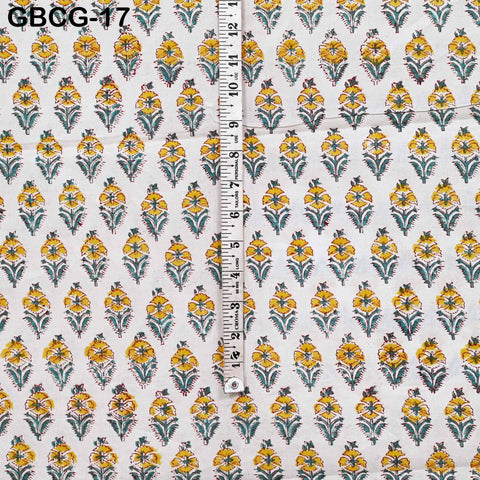 Block Printed Floral Cotton Fabric, Peach, Yellow, Green, Summer Apparel Sewing Material