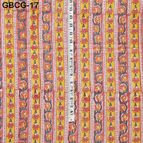 Block Printed Floral Cotton Fabric, Peach, Yellow, Green, Summer Apparel Sewing Material