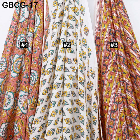 Block Printed Floral Cotton Fabric, Peach, Yellow, Green, Summer Apparel Sewing Material