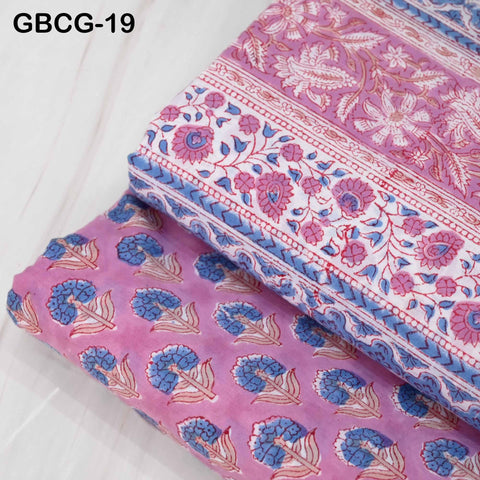 Block-Printed Floral Cotton Fabric, Summer Dress Sewing Material by the Yard, Pink, Blue