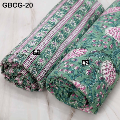 Block-Printed Floral Cotton Fabric, Summer Dress Sewing Material by the Yard, Green, Pink