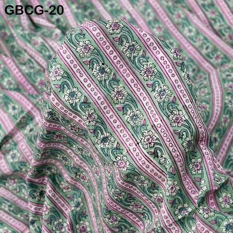 Block-Printed Floral Cotton Fabric, Summer Dress Sewing Material by the Yard, Green, Pink