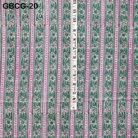 Block-Printed Floral Cotton Fabric, Summer Dress Sewing Material by the Yard, Green, Pink