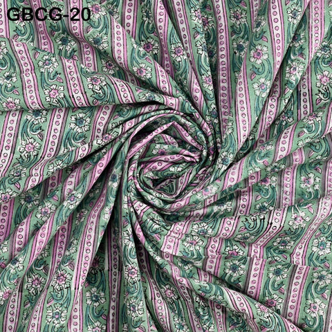 Block-Printed Floral Cotton Fabric, Summer Dress Sewing Material by the Yard, Green, Pink