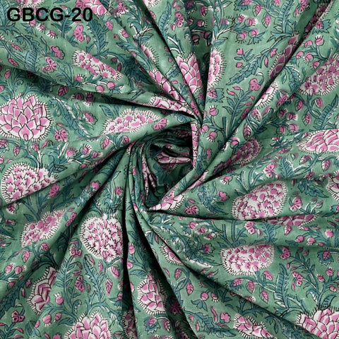Block-Printed Floral Cotton Fabric, Summer Dress Sewing Material by the Yard, Green, Pink