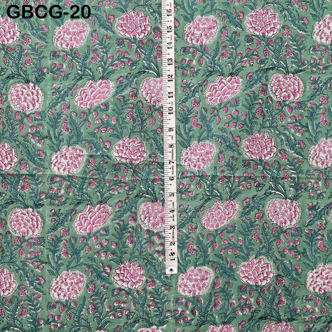 Block-Printed Floral Cotton Fabric, Summer Dress Sewing Material by the Yard, Green, Pink