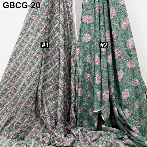Block-Printed Floral Cotton Fabric, Summer Dress Sewing Material by the Yard, Green, Pink