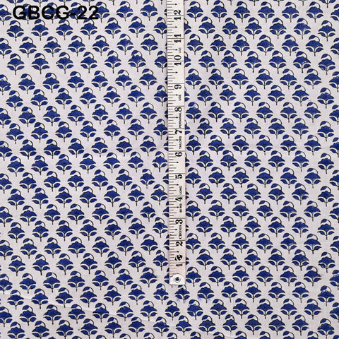 Block Printed Floral Cotton Fabric, Blue, White, Summer Dress Sewing Material
