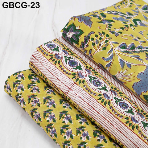 Block Printed Cotton Fabric, Yellow Floral Summer Dress Sewing Material, Soft Cotton by Yard