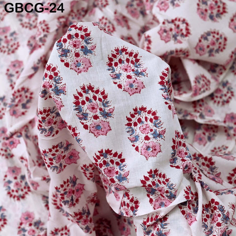 Block-Printed Floral Cotton Fabric, Summer Dress, Sleepwear Pajamas Sewing Material by the Yard, Red and Grey