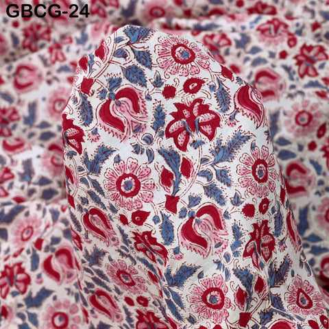 Block-Printed Floral Cotton Fabric, Summer Dress, Sleepwear Pajamas Sewing Material by the Yard, Red and Grey