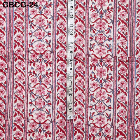 Block-Printed Floral Cotton Fabric, Summer Dress, Sleepwear Pajamas Sewing Material by the Yard, Red and Grey