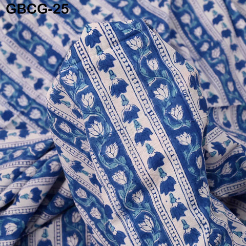 Hand Block Printed Cotton Fabric, Blue, White, Summer Dresses Sewing Material