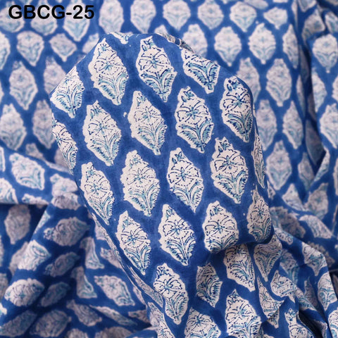 Hand Block Printed Cotton Fabric, Blue, White, Summer Dresses Sewing Material