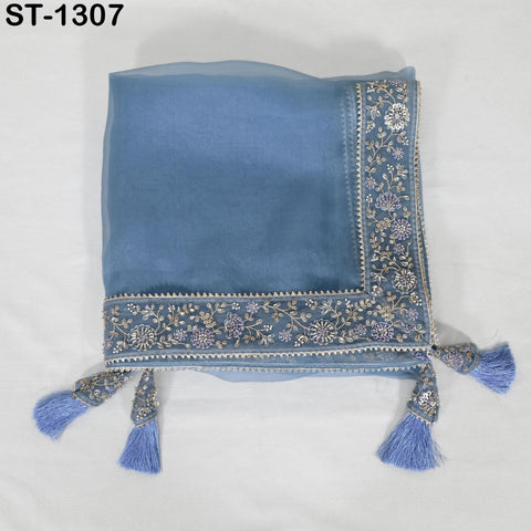 Sky Blue Dupatta Hand Embroidery Silk Organza Dupatta Lightweight Indian Bridal Wedding Lehenga Women Chunni Veil Scarf Dress Gift Mom