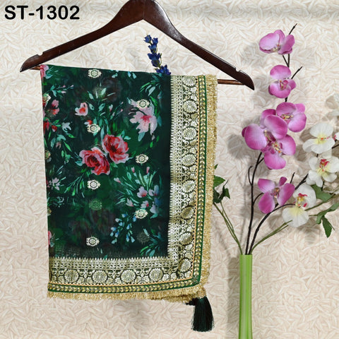 Green Floral Organza Dupatta Gold Brocade Border | Indian Printed Wedding Scarf | Women's Party Wear Lightweight Dupatta, Ethnic Bridal Veil
