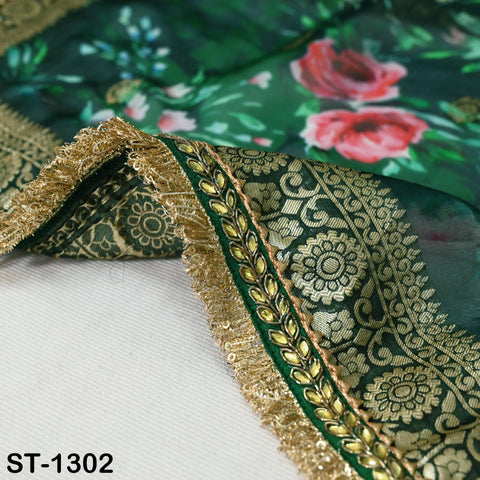 Green Floral Organza Dupatta Gold Brocade Border | Indian Printed Wedding Scarf | Women's Party Wear Lightweight Dupatta, Ethnic Bridal Veil