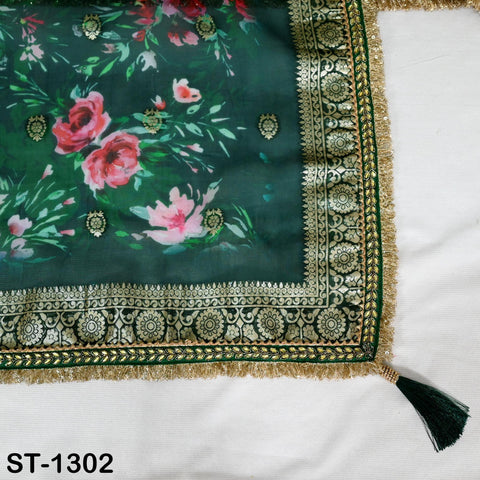 Green Floral Organza Dupatta Gold Brocade Border | Indian Printed Wedding Scarf | Women's Party Wear Lightweight Dupatta, Ethnic Bridal Veil
