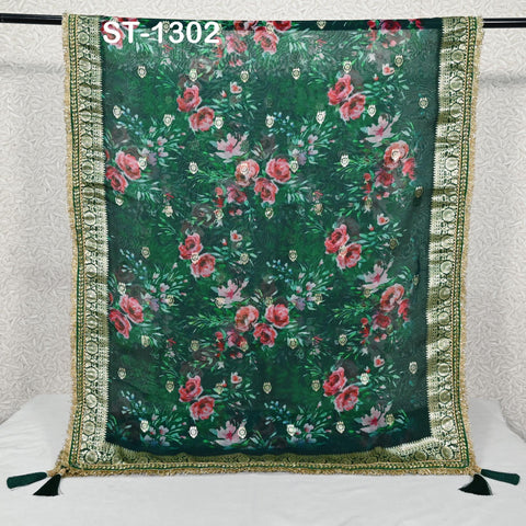 Green Floral Organza Dupatta Gold Brocade Border | Indian Printed Wedding Scarf | Women's Party Wear Lightweight Dupatta, Ethnic Bridal Veil