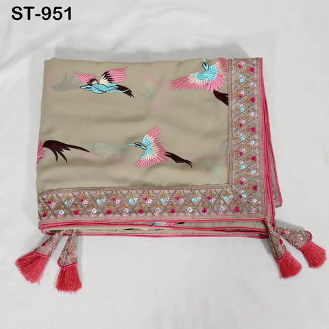 Beige Parsi Gara Dupatta, Resham Embroidered Stoles, Georgette Long Chunni, Bridal Veil Lehenga Embroidery Indian long Stole Bridesmaid Gift
