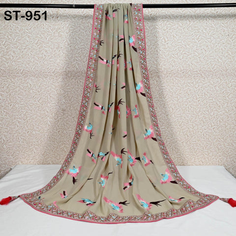 Beige Parsi Gara Dupatta, Resham Embroidered Stoles, Georgette Long Chunni, Bridal Veil Lehenga Embroidery Indian long Stole Bridesmaid Gift