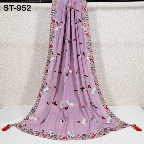 Light Mauve Parsi Gara Dupatta, Embroidered Stoles, Georgette Long Chunni, Bridal Veil Lehenga Embroidery Indian long Stole Bridesmaid Gift