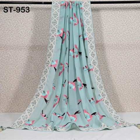 Ice Blue Parsi Gara Dupatta, Embroidered Stoles, Georgette Long Chunni, Bridal Veil Lehenga Embroidery Indian long Stole Bridesmaid Gift