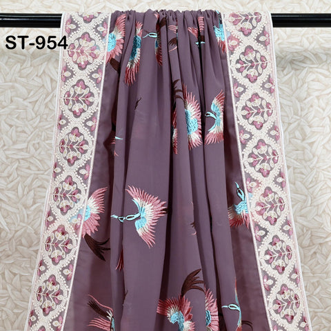 Mauve Parsi Gara Dupatta, Embroidered Stoles, Georgette Long Chunni, Bridal Veil Lehenga Embroidery Indian long Stole Bridesmaid Gift
