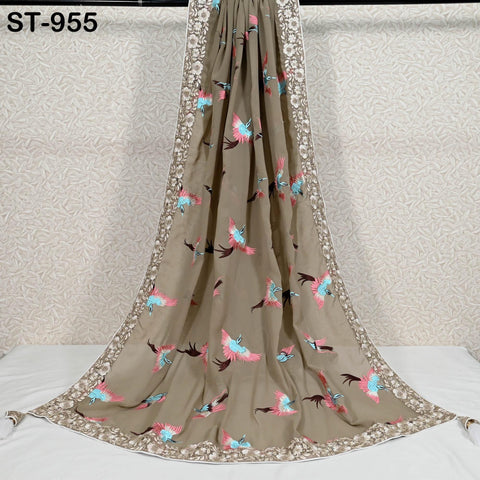 Greyish Brown Parsi Gara Dupatta, Embroidered Stoles Georgette Long Chunni, Bridal Veil Lehenga Embroidery Indian long Stole Bridesmaid Gift