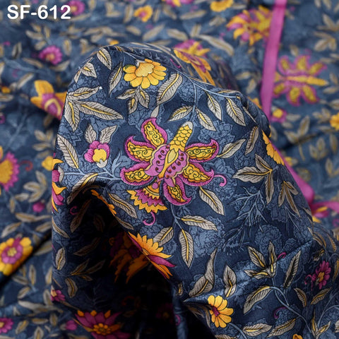 Floral Print Silk Fabric by the Yard: Navy Blue, Magenta, Yellow Habotai Material Party Wedding Dresses Bridesmaid Brides