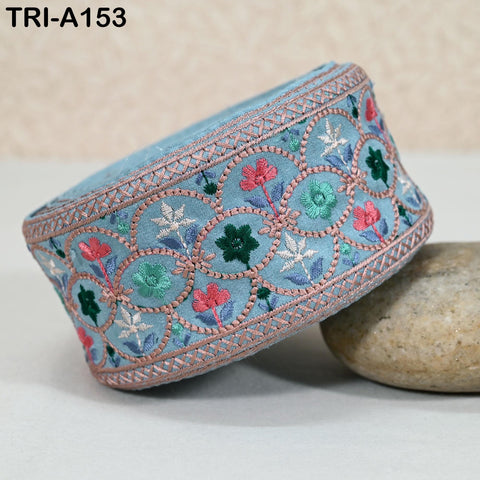 9 Yard Blue Embroidery Ribbons 6cm Indian Sari Border Embroidered Crafting Sewing Tablecloth Lampshade making Home Decor Costumes Trimmings