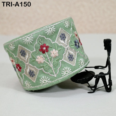 9 Yard Floral Embroidery Ribbon Green 65mm Dog Collar Tote Bags Lampshades Theatrical Costumes Holidays Wreaths Indian Embroidered