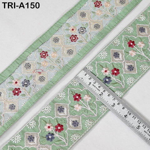 9 Yard Floral Embroidery Ribbon Green 65mm Dog Collar Tote Bags Lampshades Theatrical Costumes Holidays Wreaths Indian Embroidered