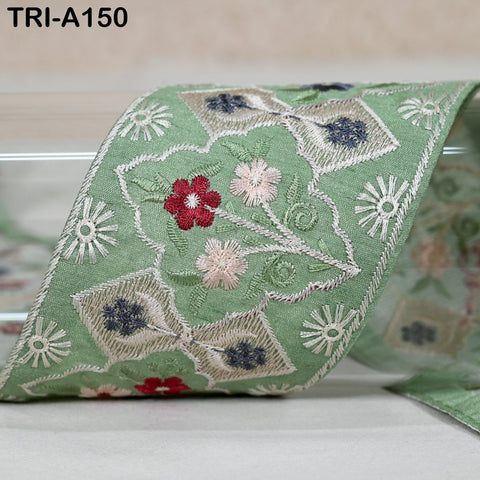 9 Yard Floral Embroidery Ribbon Green 65mm Dog Collar Tote Bags Lampshades Theatrical Costumes Holidays Wreaths Indian Embroidered