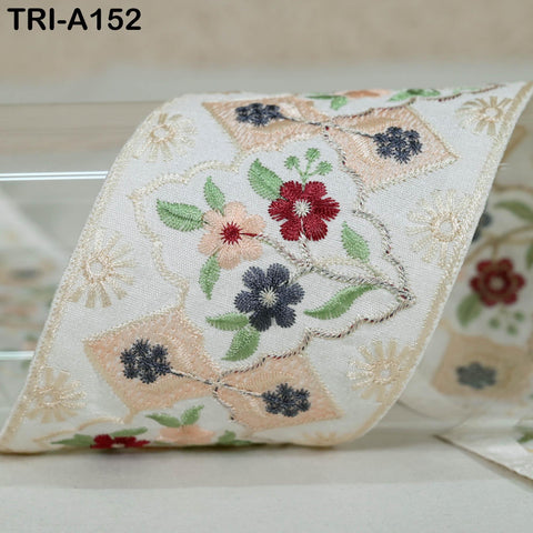 9 Yard Floral Embroidery Ribbon Ivory 65mm Dog Collar Tote Bags, Lampshades Theatrical Costumes Crafting Holidays Wreaths Indian Embroidered